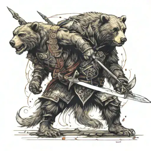 Medieval Longswordsman Fighting Bloodied Grizzly Bear