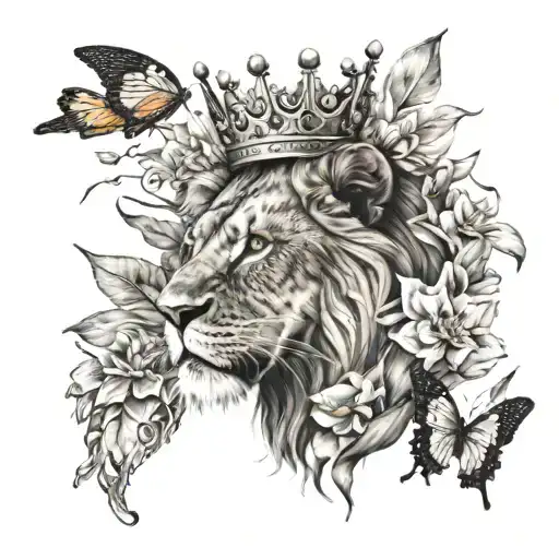 Lion With Crown Butterfly And Gladiodus Flower
