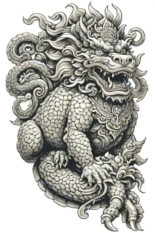 Design Of A Foo Dog Ridden By Garuda Both On The Back Of A Big Turtle
