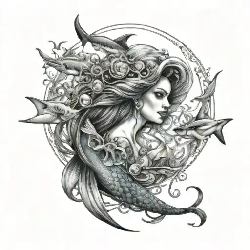 Mermaid Sea Ship Sharks Jellyfish