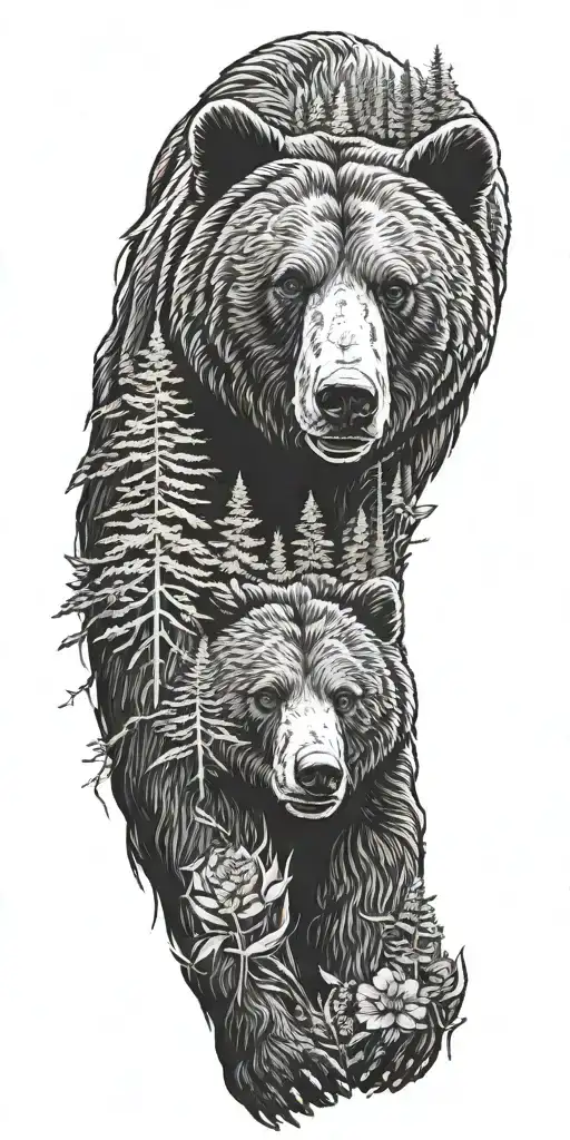 A Majestic Bear Roaming Through A Dense Pine Forest Surrounded By Vibrant Wildflowers