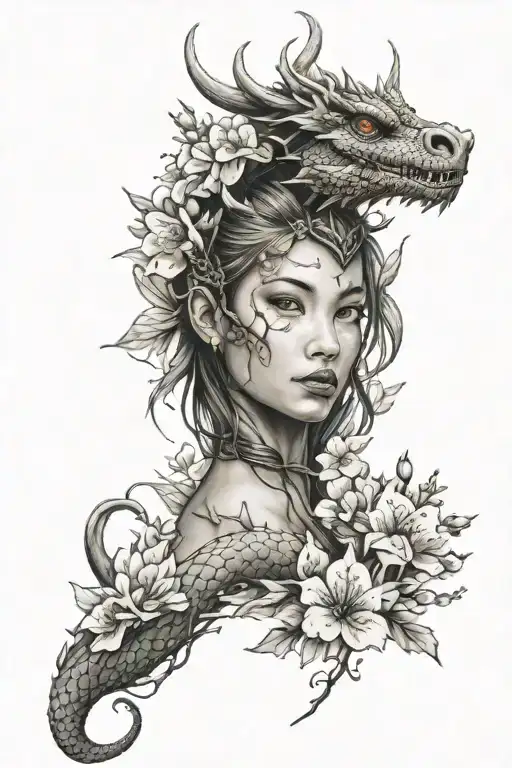 Dragon With Female Face And Cherry Blossom