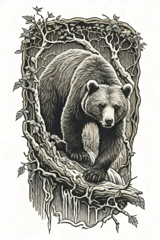Bear Cub In A Tree Branch Above The Waterfall Flowing