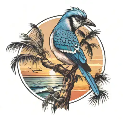 A Whimsical Scene Of A Jay-bird Under A Palm Tree With A Sunset In The Background