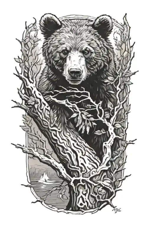 Bear Cub In A Tree Branch Above Water