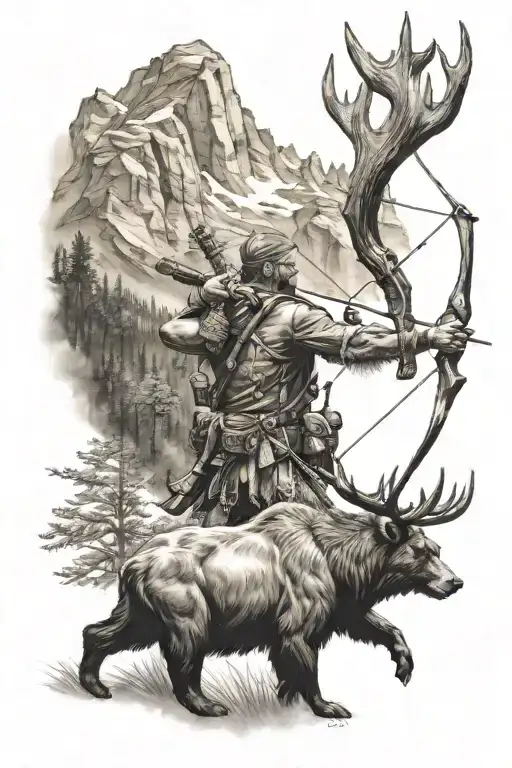 Mountains Archer Shooting Bow With Bear And Elk