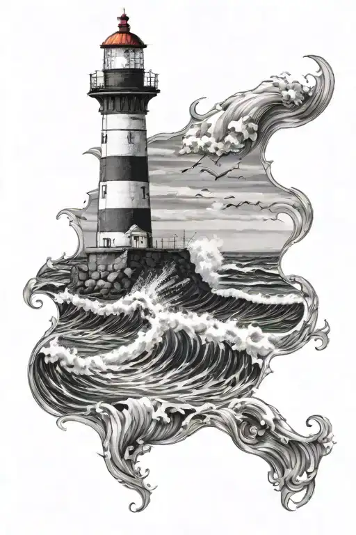 Sea Wave With Lighthouse In Background Black And White