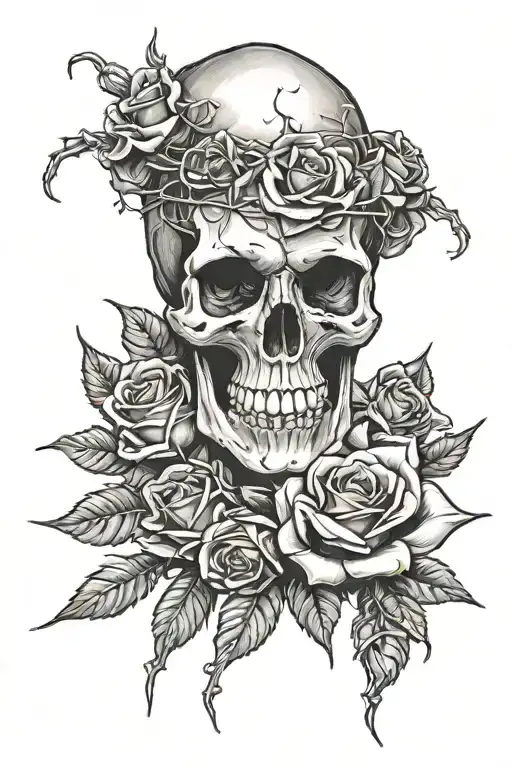 Cloaked Skull Holding A Heart Wrapped In Thorns And A Rose On Either Side