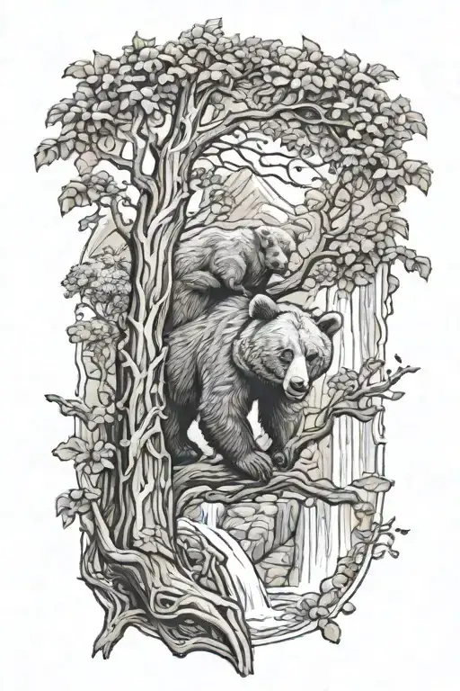Bear Cub In A Tree Branch Above The Waterfall Flowing