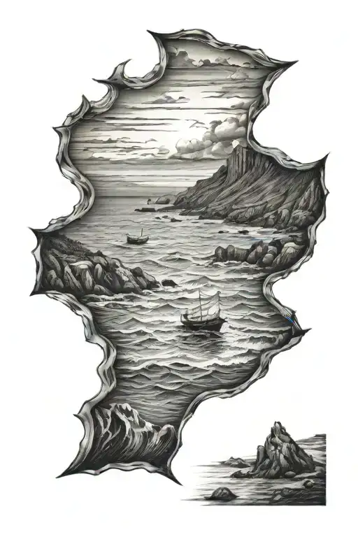 Sea With Coast In Background Black And White