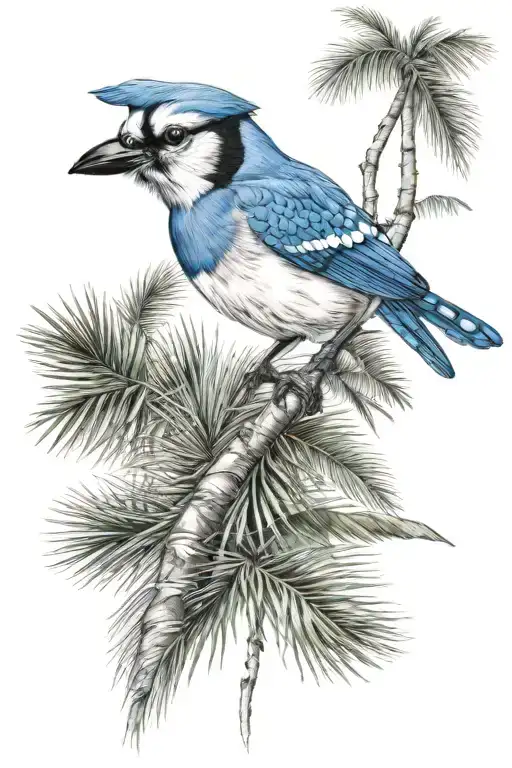 Blue Jay Bird And Palm Tree