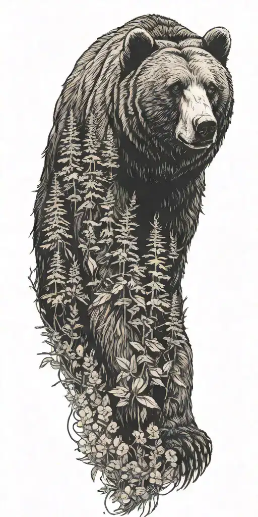 A Majestic Bear Roaming Through A Dense Pine Forest Surrounded By Vibrant Wildflowers