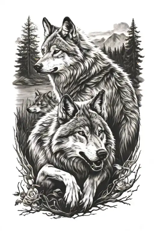 Wolf With 2 Little Girls Sitting On Back