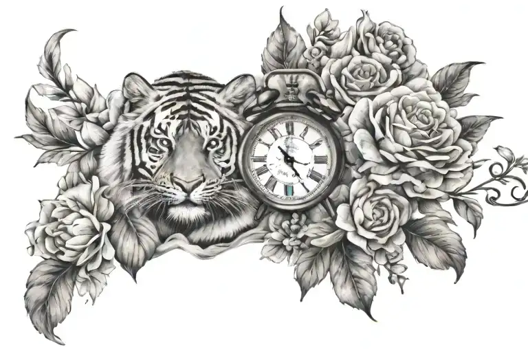 Tiger With Flowers And Clock