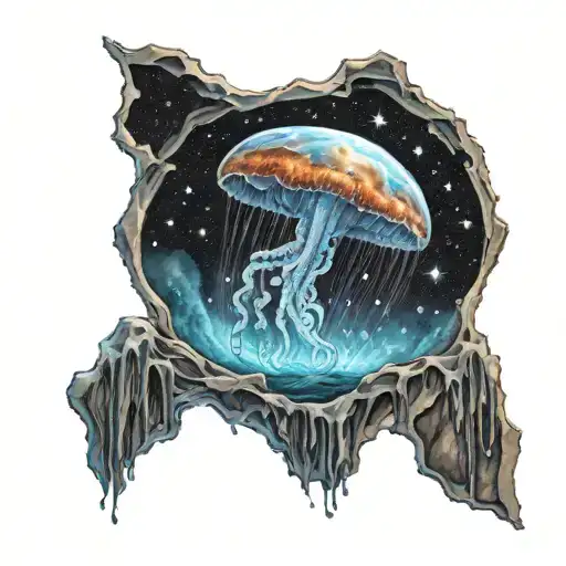 A Cosmic Jellyfish Floating Under A Starry Waterfall