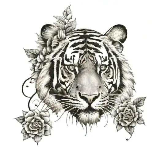 Tiger Face With Floral Ornaments Above And Below