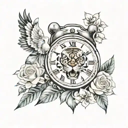 Tiger And Clock With Flowers And Dove