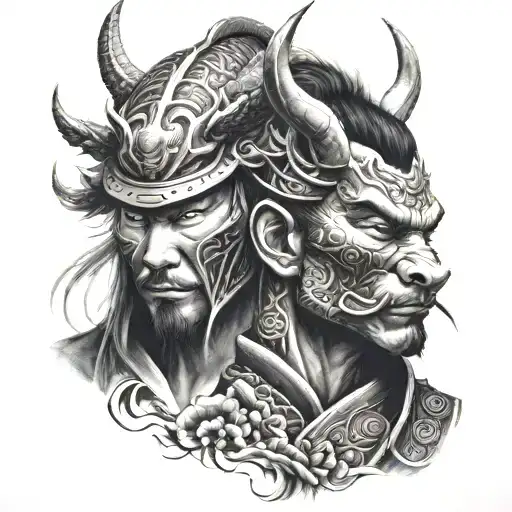Samurai Face And Dragon Face