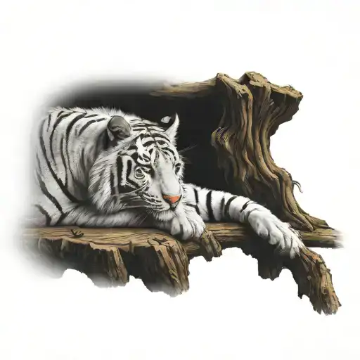 White Tiger Resting On A Log