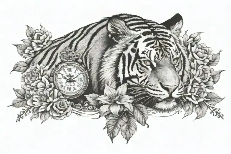 Tiger With Flowers And Clock With Date Of Birth Of Jesus Christ