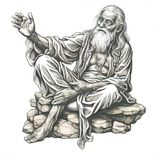 Old Wise Man With Long Hair Sitting On Rock In Lotus Pose With Hands On Laps