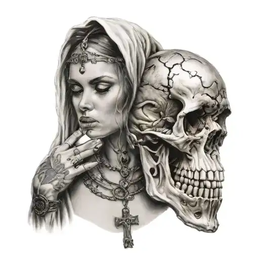 A Woman With A Rosary And A Skull
