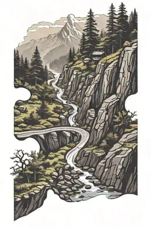 Road Up A Steep Mountain With An Offroad Trail And River In View