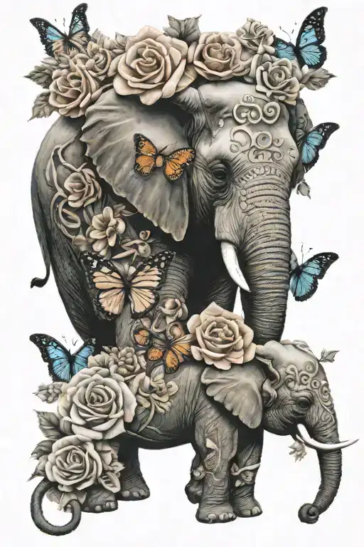 Roses Elephant Butterfly Mom Tribute Tattoo Combining Elements