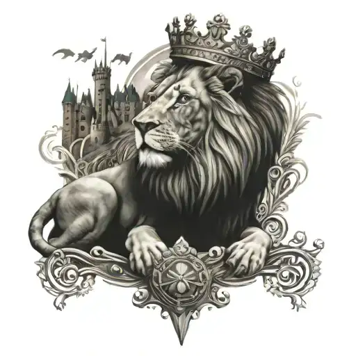 Lion In A Crown Against The Backdrop Of A Castle