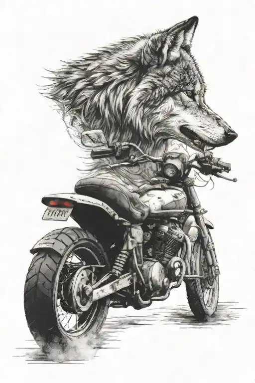 Wolf Head Howling Above Motorbike Riding Off Into The Distance