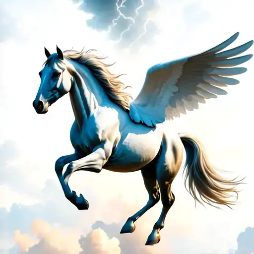Pegasus Horse Flying With Open Wings In The Sky Storm