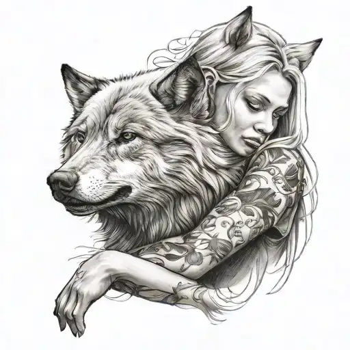 A Blond Tatoed Women Is Hugging A Big Wolf