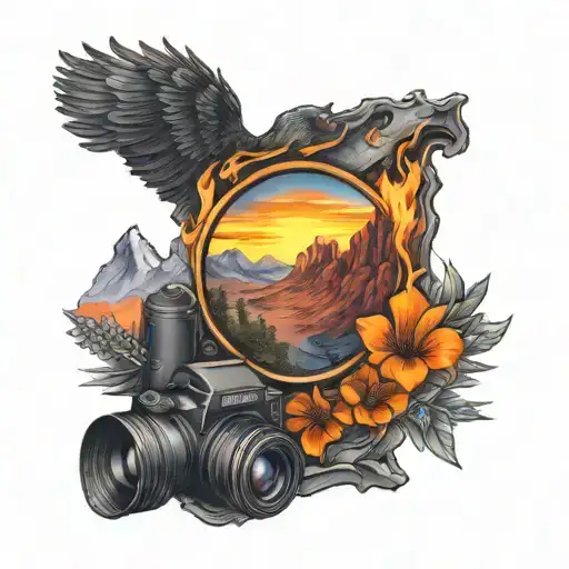 Perspective Change Through Camera Lens While Mountains Rising Phoenix From Fire Sunrise