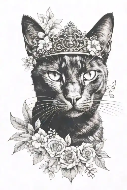 Face Of A Black Cat With Crown And Eucalyptys And Flowers Surrounding