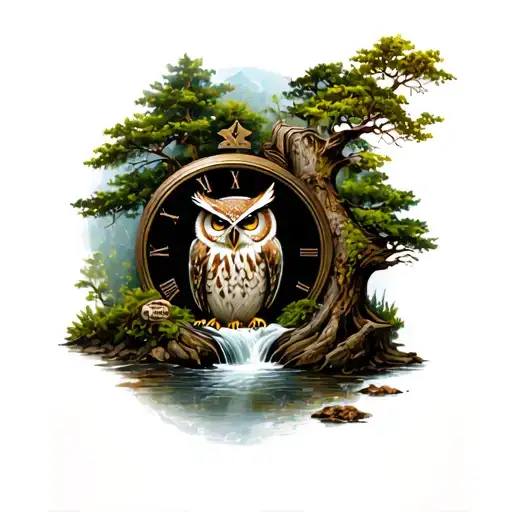 Owl Trees And Stream Flowing And Clock Surrounding