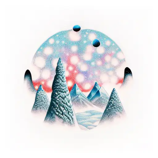 Grey Mountains With Snow With Colorful Outer Space Above Lots Of Blue