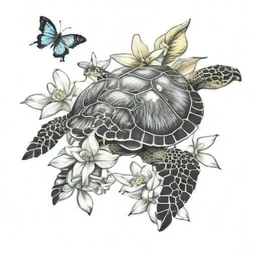 Sea Turtle With Orchids