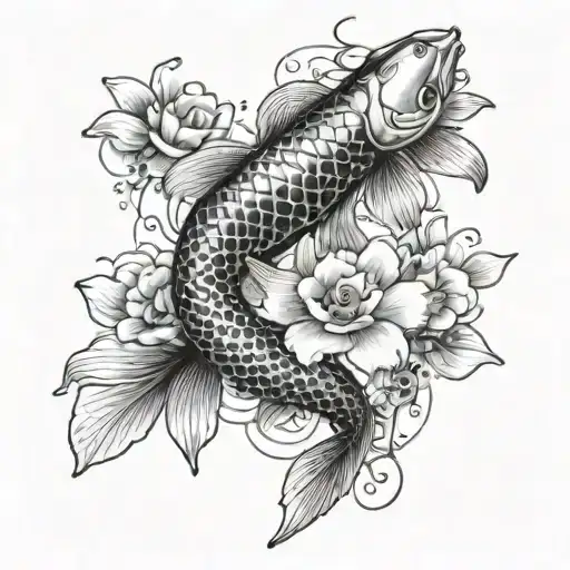 Realistic Koi Fish Ying Yang Surrounded By Vibrant Flowers