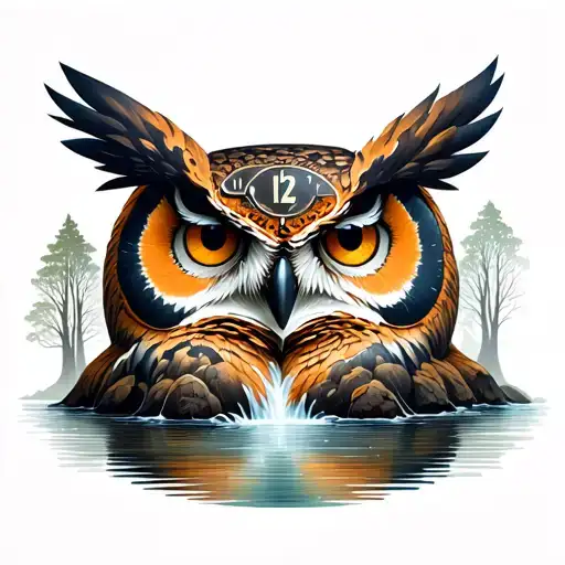 Clock Surrounding Owl Head Behind A Stream And Trees