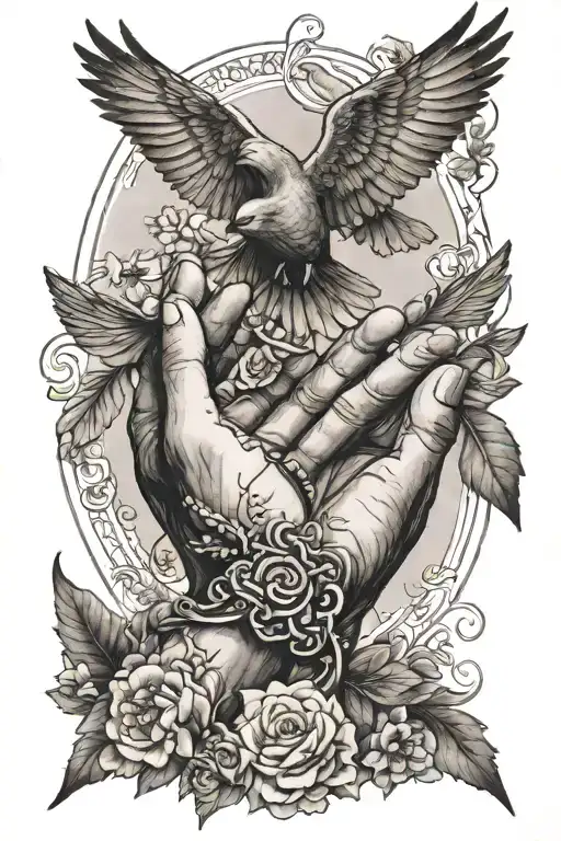 Prayer Hands Next To The Word Blessed With Birds Flying