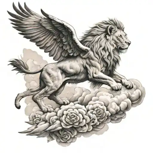A Lion Riding A Cloud With A Dove In The Background