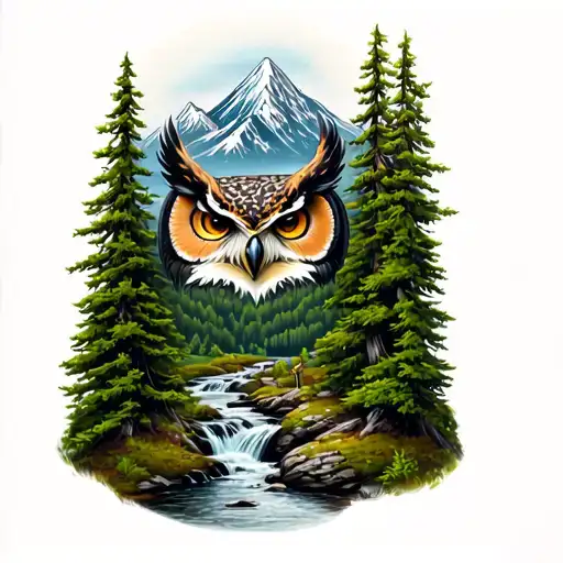 Pine Trees And A Stream Flowing Behind A Mountain And A Owl Head