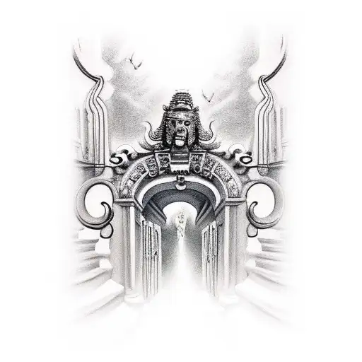 Warrior Facing Stairway To Heaven With Gates At The End Guarded By A Three Head Dog