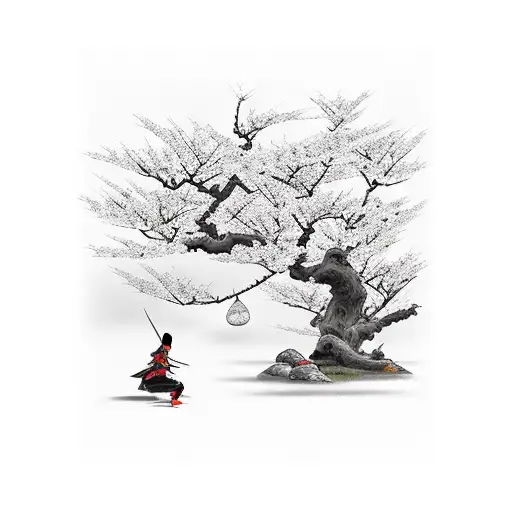 Samurai And Ninja Under Cherry Blossom Tree