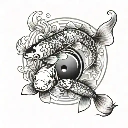 Realistic Koi Fish In A Yin Yang Circle Shape Surrounded By 4 Stare