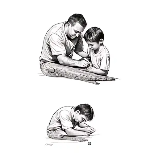 A Father And Son Working On A Piece Of Wood