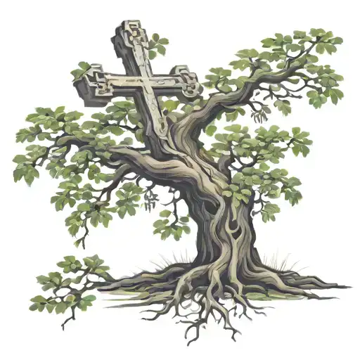 Oak Tree With Leaves And Roots With A Cross As The Trunk
