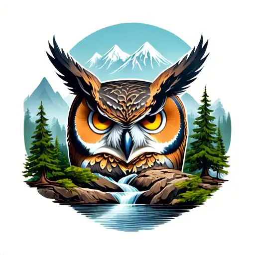 Owl Head And Trees With A Stream Flowing And Mountain