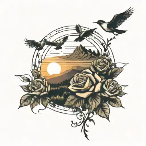 A Flock Of Birds Flying Over A Field Of Roses With A Sun Setting Behind Mountains