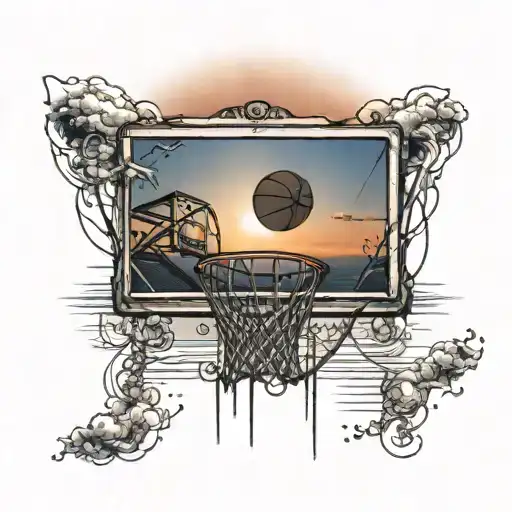 A Basketball Hoop Made Of Religious Symbols With A Sunset Over The Ocean In The Background